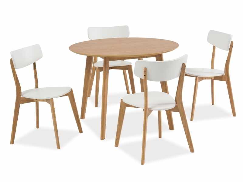 Set masa din MDF, furnir si lemn Mosso II Stejar + 4 scaune din lemn si MDF Mosso II Alb / Stejar, Ø100xH75 cm