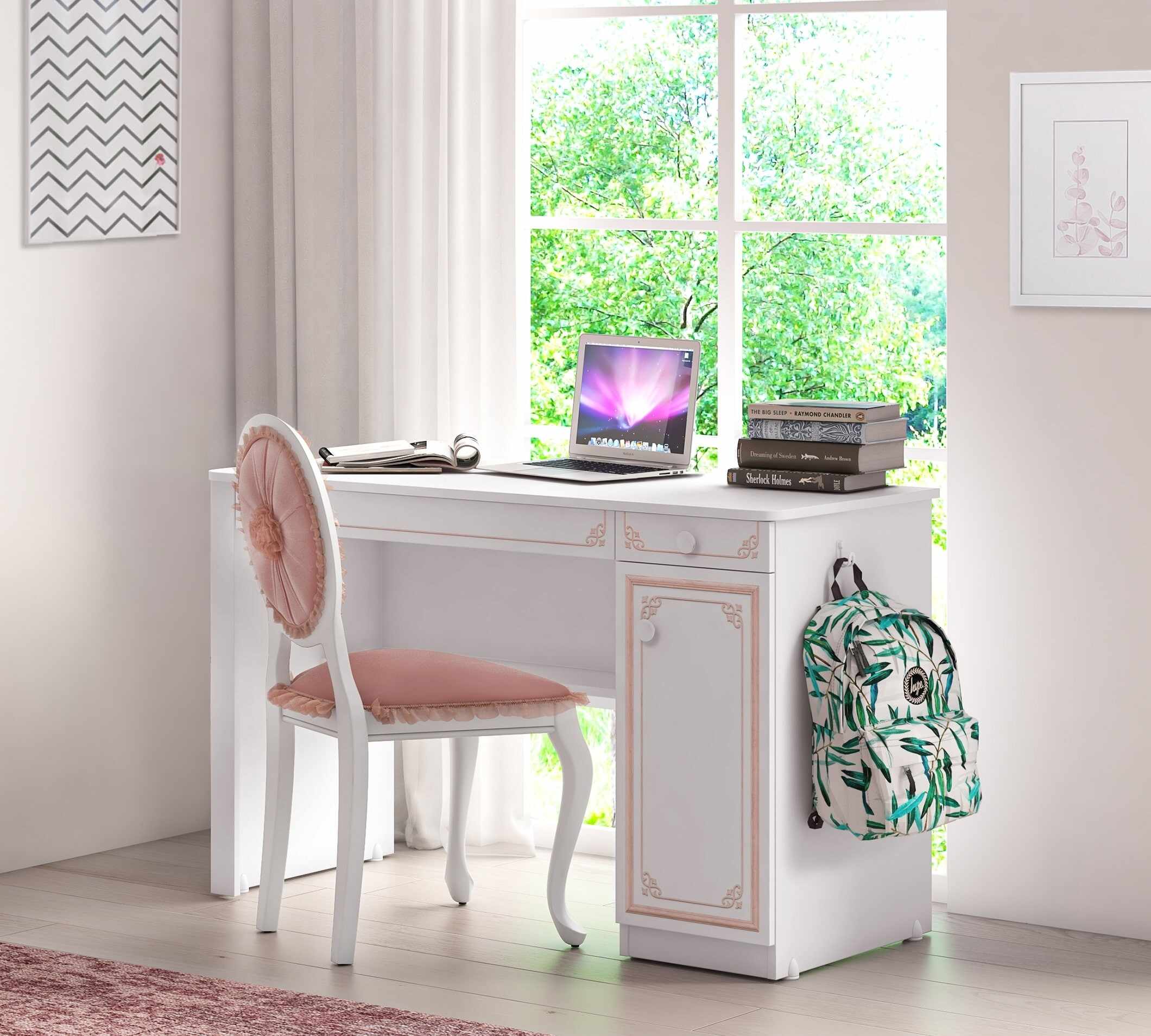 Masa de birou din pal, cu 1 usa si 2 sertare pentru tineret Selena Pink Alb / Roz, L120xl52xH75 cm