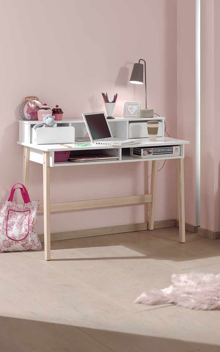Masa de birou din lemn de pin si MDF cu 2 sertare, pentru copii Kiddy Alb, L110xl60xH90 cm