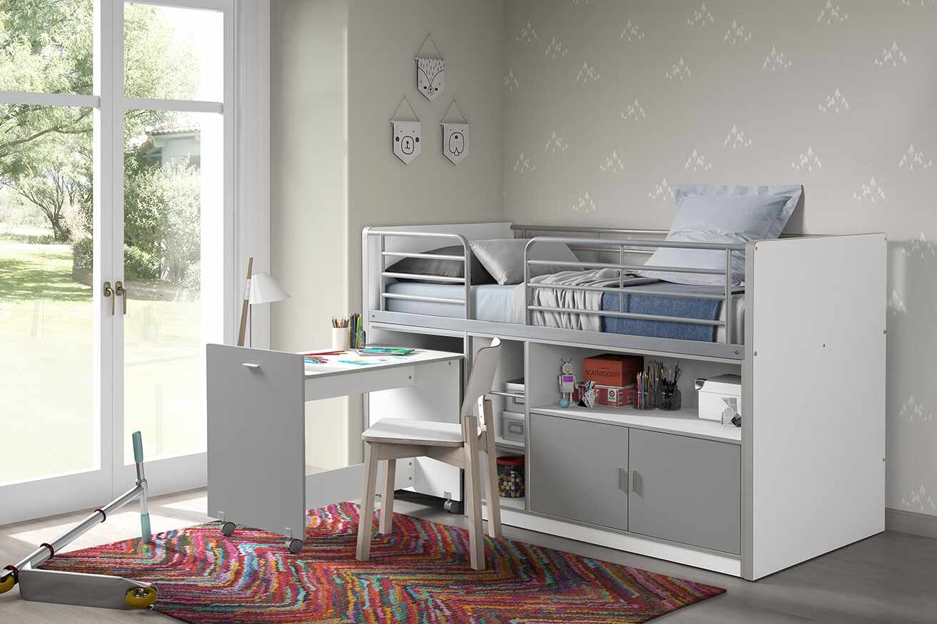 Pat etajat din pal si metal cu birou incorporat si 2 usi, pentru copii Bonny Alb / Gri, 200 x 90 cm
