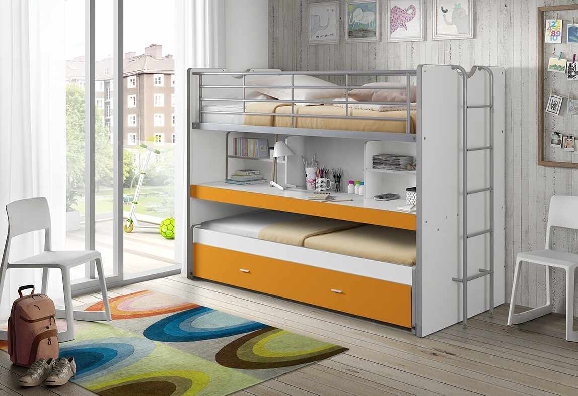 Pat etajat din pal si metal cu birou incorporat si sertar, pentru copii Bonny Alb / Portocaliu, 200 x 90 cm