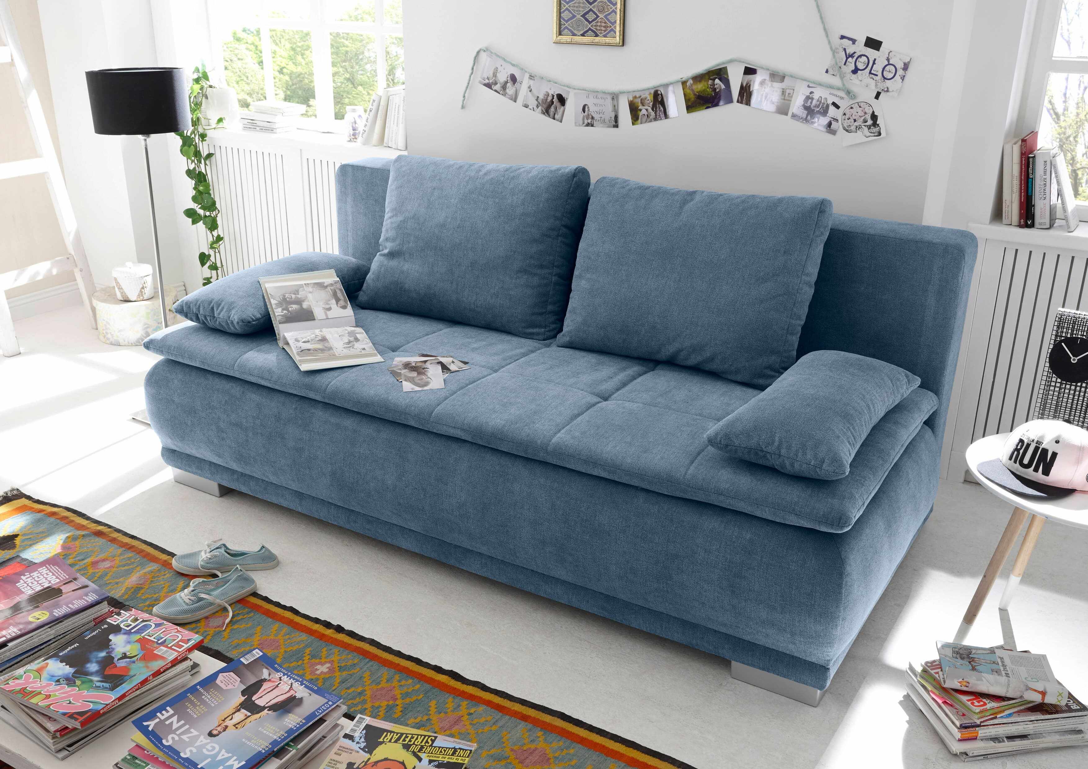 Canapea extensibila cu lada de depozitare, tapitata cu stofa, 3 locuri, Lois Albastru, l211xA103xH93 cm