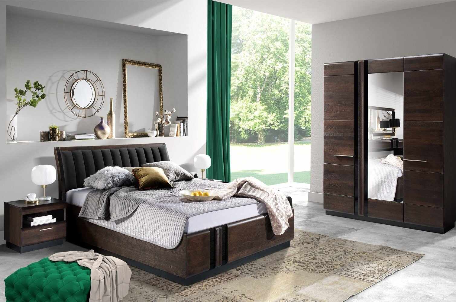 Set Mobila Dormitor din MDF si pal, cu pat 200 x 160 cm, 4 piese Porti Stejar Choco / Negru