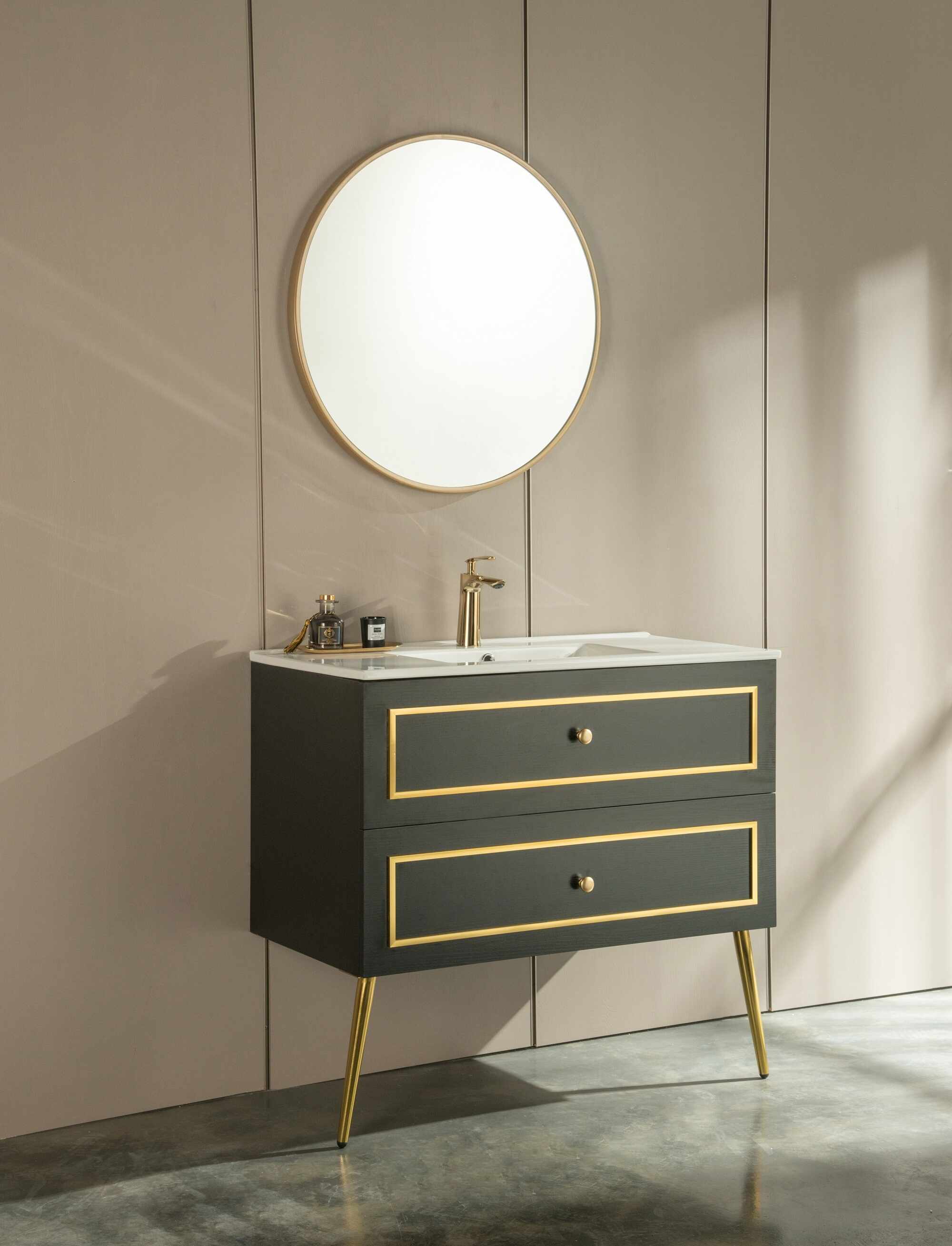 Set mobilier pentru baie, Glamys Antracit / Auriu, 90 cm, 3 piese