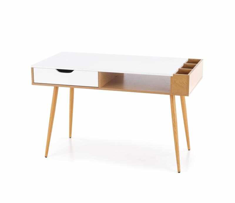 Masa de birou din pal, MDF si metal, cu 1 sertar B-45 Alb / Stejar, L121xl60xH75 cm