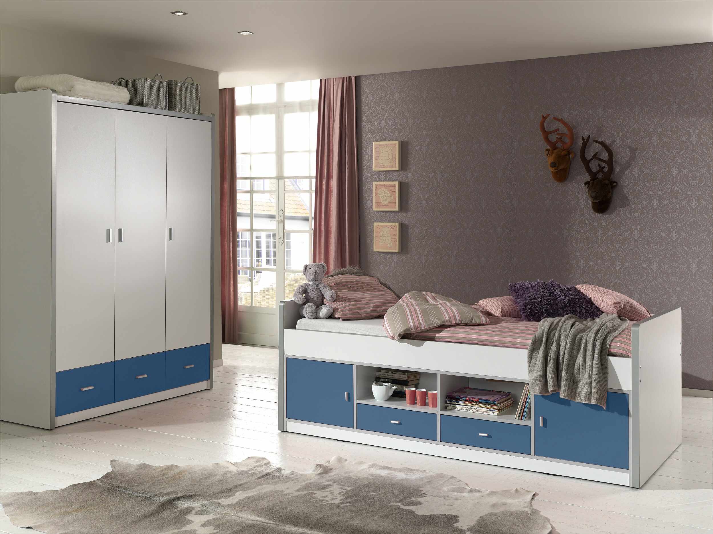 Set Mobila dormitor din pal, pentru copii 2 piese Bonny Capitan Alb / Albastru, 200 x 90 cm