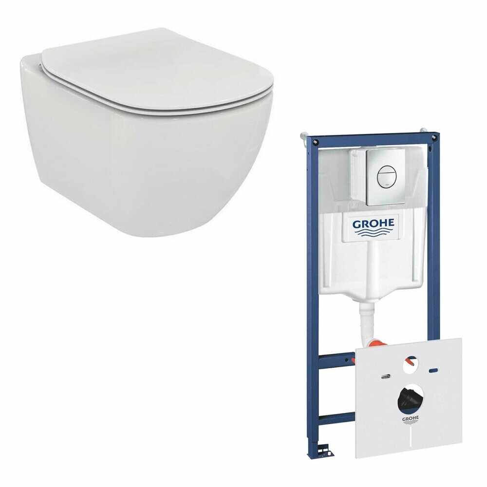 Set vas wc Ideal Standard Tesi AquaBlade cu capac soft close si rezervor Grohe cu clapeta Nova Cosmopolitan