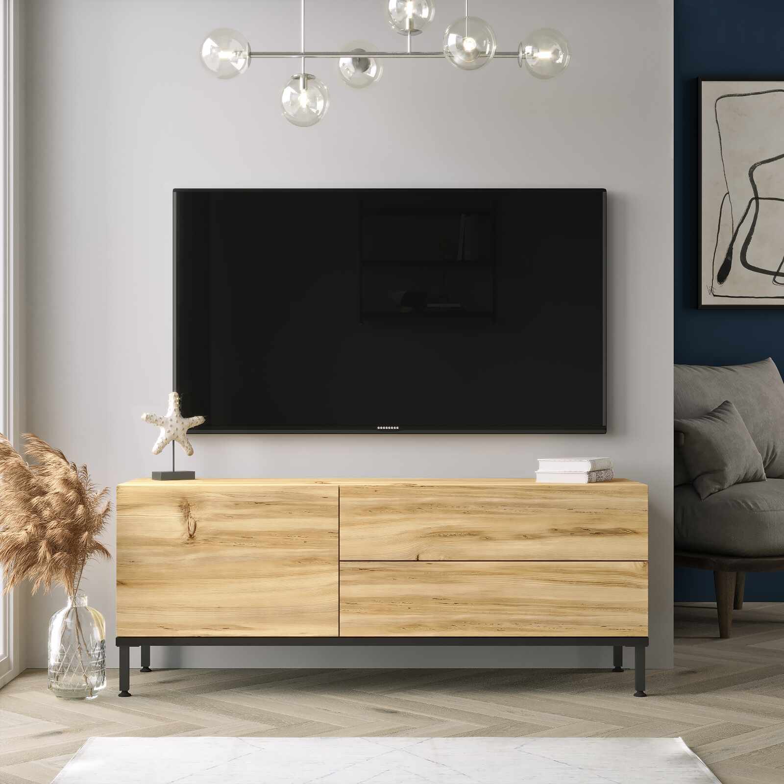Comoda TV din pal si metal, cu 3 usi, Luvio LV5-KL Stejar / Negru, l120xA35,5xH46,3 cm