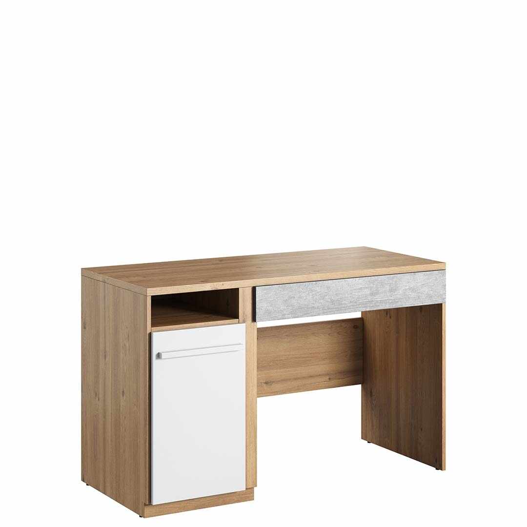 Masa de birou din pal, cu 1 sertar si 1 usa, pentru copii si tineret, Plano 06 Stejar / Gri / Alb, L120xl55xH76 cm
