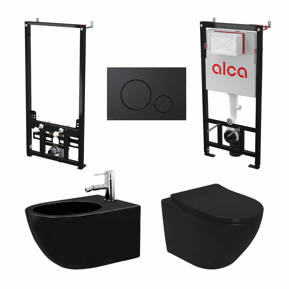 Set rezervor WC cu cadru incastrat Alcadrain AM101/1120 si clapeta M678 negru plus vas WC Rea Carlo cu capac negru si bideu cu cadru