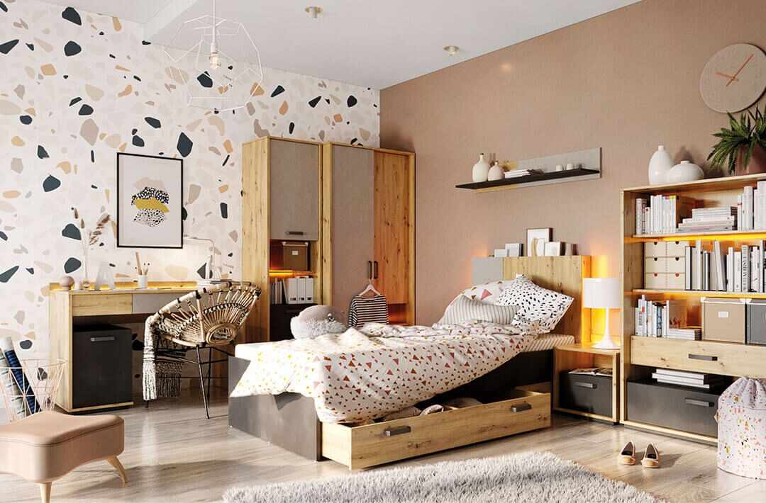 Set Mobila dormitor din pal, pentru copii, 7 piese, Qubic Stejar Artisan / Gri / Negru, 200 x 90 cm