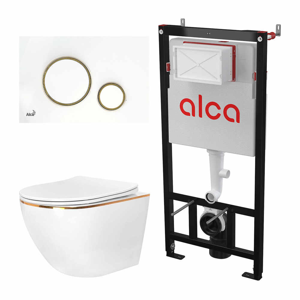 Set rezervor WC cu cadru incastrat Alcadrain AM101/1120 si clapeta M775 alb plus vas WC Rea Carlo cu capac softclose alb