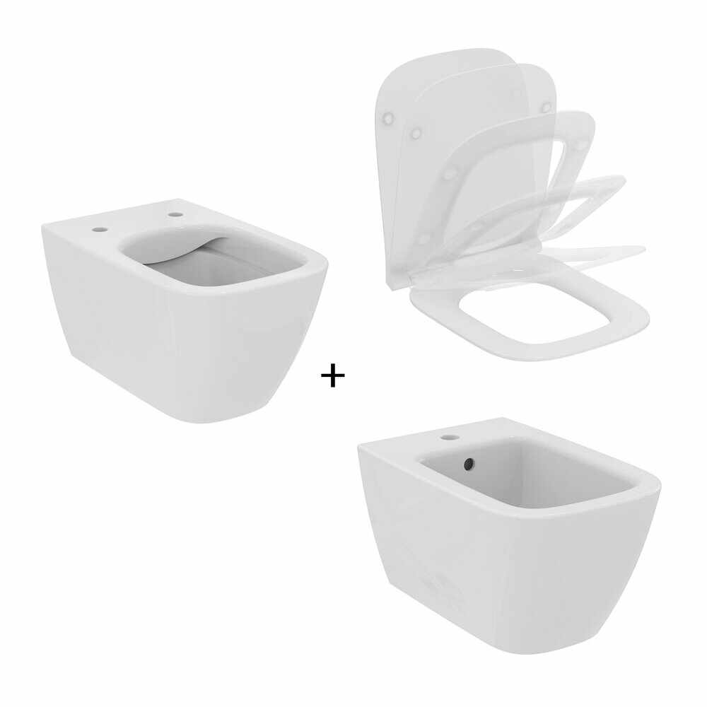 Set vas WC suspendat Ideal Standard I.life B alb cu bideu si capac slim softclose