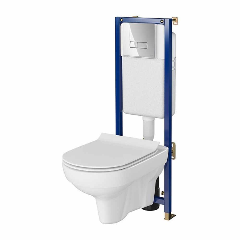 Set rezervor WC cu cadru B621 Cersanit Tech Line Base si clapeta Smart crom plus vas WC City cu capac alb