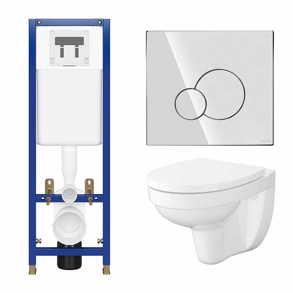 Set rezervor WC cu cadru B679 Cersanit Tech Line Base si clapeta Circle crom plus vas WC Cersania cu capac alb
