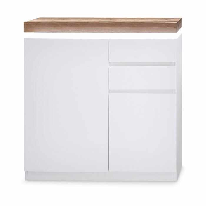 Cabinet hol din MDF, 2 usi si 2 sertare, cu LED inclus, Romina Alb / Stejar, l91xA38xH97 cm